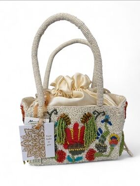 Made in India Off White Beaded Floral Garden Top Handle Bag